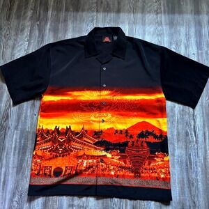 Vintage 7 Diamonds Sunset Button Up Shirt Black Orange Red  Men's Lrg Polyester
